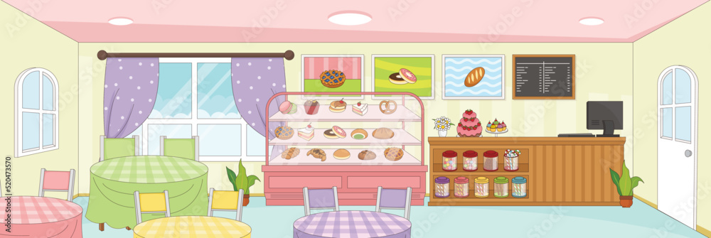 Cute and nice design of cafe bakery with furniture and interior objects vector design