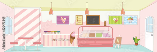 Cute and nice design of Ice cream shop with furniture and interior objects vector design