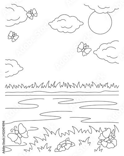 Wonderful natural landscape. Coloring book page for kids. Cartoon style. Vector illustration isolated on white background.