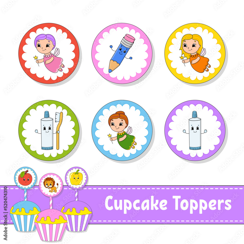 Cupcake Toppers. Set of six round pictures. cartoon characters. Cute image. For birthday, py, baby shower. Cupcake Toppers. Set of six round pictures. cartoon characters. Cute image. For birthday, py, baby shower.
