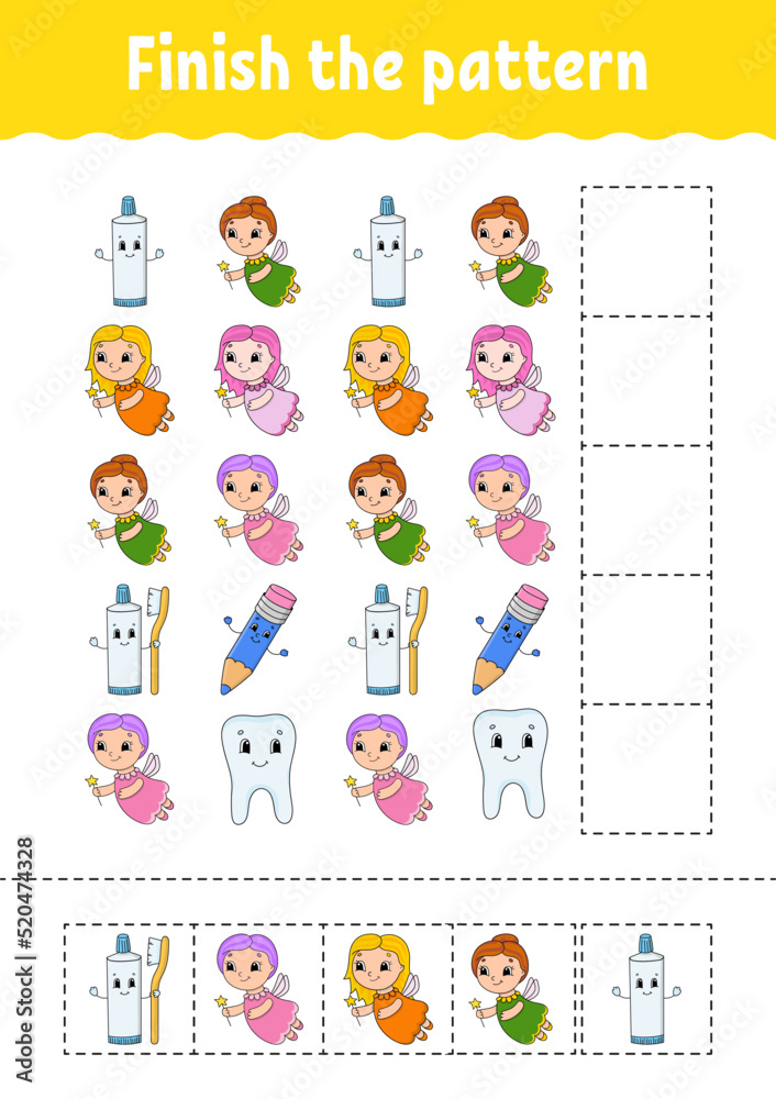 Finish the pattern. Cut and play. Education developing worksheet. Activity page. cartoon character. Vector illustration.