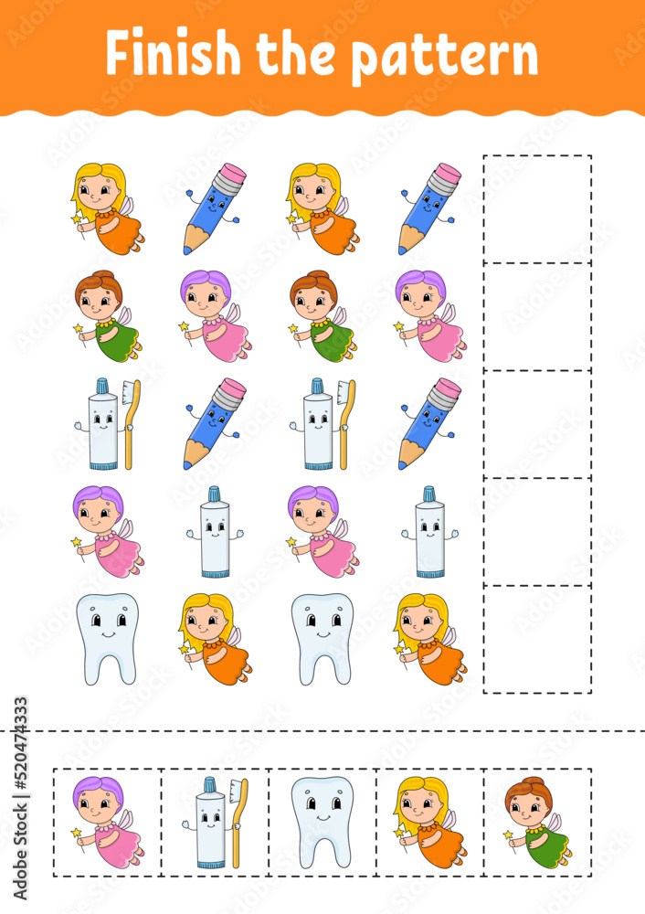 Obraz premium Finish the pattern. Cut and play. Education developing worksheet. Activity page. cartoon character. Vector illustration.