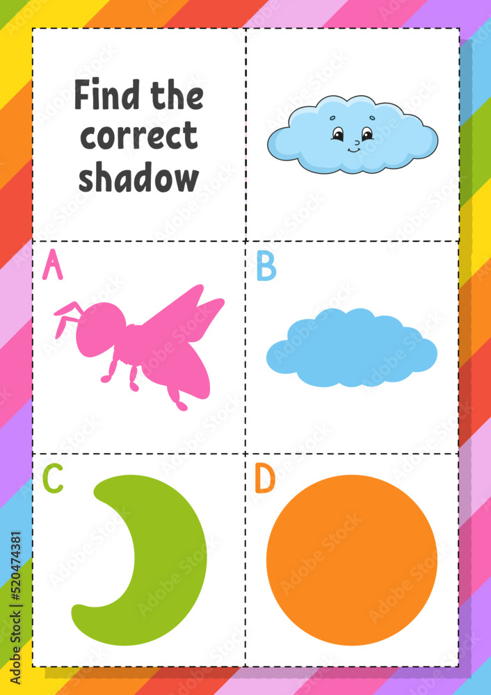 Find the correct shadow. Education developing worksheet for kids. Puzzle game. Activity page. cartoon character. Vector illustration.