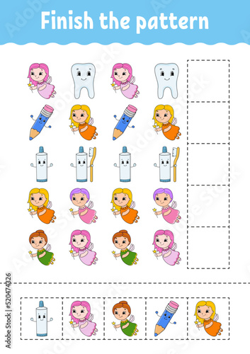 Finish the pattern. Cut and play. Education developing worksheet. Activity page. cartoon character. Vector illustration.