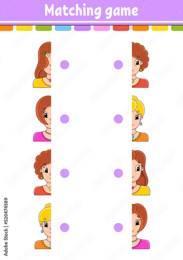 Matching game. Draw a line. Education developing worksheet. Activity page with color pictures. Riddle for children. Isolated vector illustration. Cute character. Cartoon style.