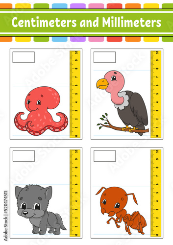 Measuring length in centimeter and millimeter. Education developing worksheet. Game for kids. Color activity page. Puzzle for children. Cute character. Vector illustration. cartoon style.