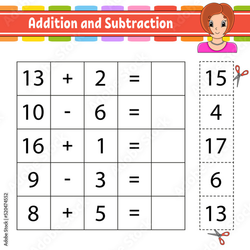 Addition and subtraction. Task for kids. Cut and paste. Education developing worksheet. Activity page. Game for children. Funny character. Isolated vector illustration. cartoon style.