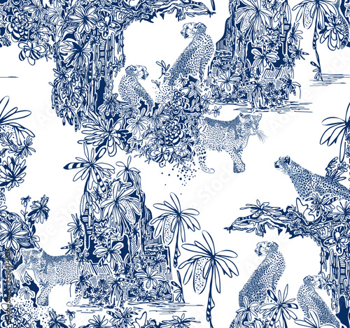 Photography Hand Draw Leopard With Palm Jungle illustration Vector Seamless Pattern On White