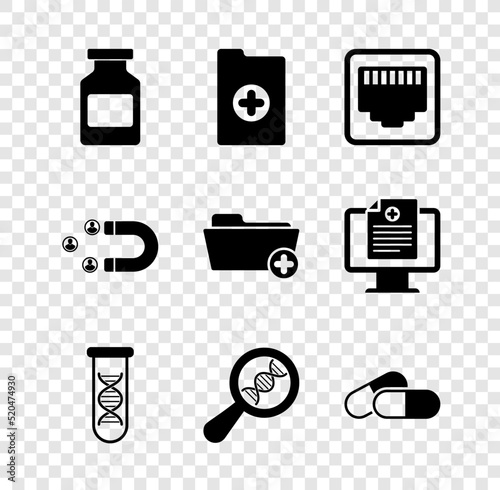 Set Medicine bottle, Clinical record, Network port cable socket, DNA research, search, and pill tablet icon. Vector