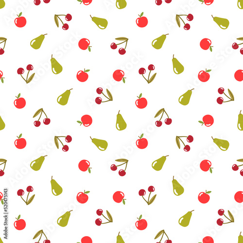 Fruit seamless pattern apple, pear, sweet cherry and leaves. Flat style vector illustration on white background.