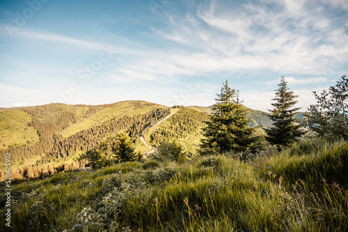 Low Tatras Mountains, Slovakia. South View form the Ridge. Traveler hiking with backpacks on Lajstroch paek  from certovica saddle. Slovakia mountains landscape photo