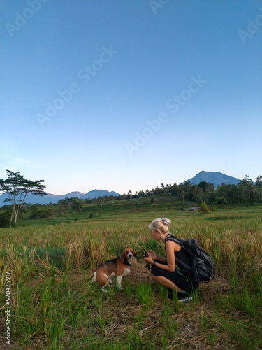 A woman walking around rice field with the dog, surrounding by beautiful landscape. © Handoko