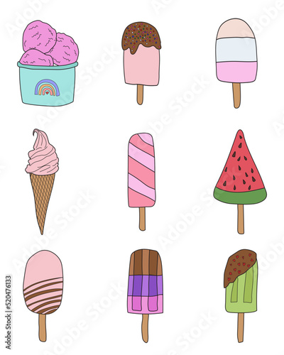 Collection of vector doodle illustrations of ice cream isolated on white background