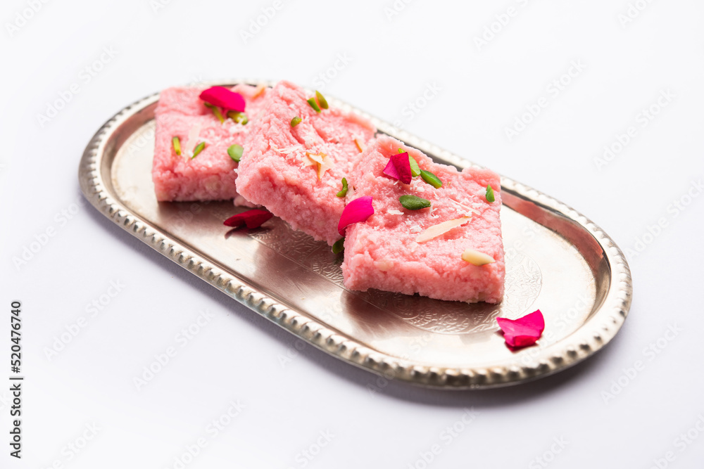 Rose Kalakand pink barfi or burfi also known as flavoured Mishri Mava Or Khoa Milkcake mithai Rose Kalakand pink barfi or burfi also known as flavoured Mishri Mava Or Khoa Milkcake mithai