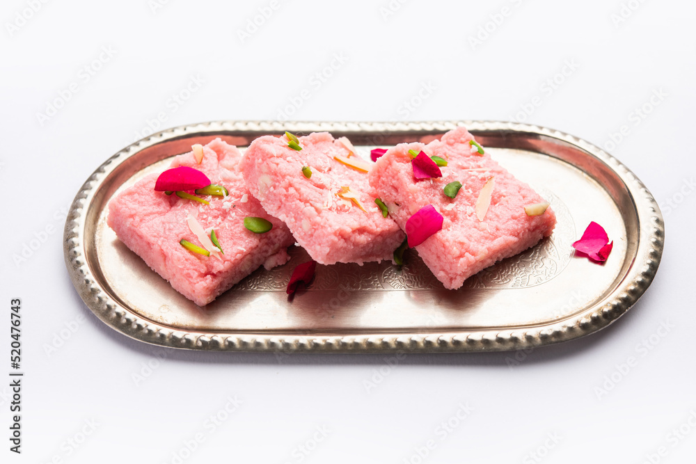 Rose Kalakand pink barfi or burfi also known as flavoured Mishri Mava Or Khoa Milkcake mithai Rose Kalakand pink barfi or burfi also known as flavoured Mishri Mava Or Khoa Milkcake mithai