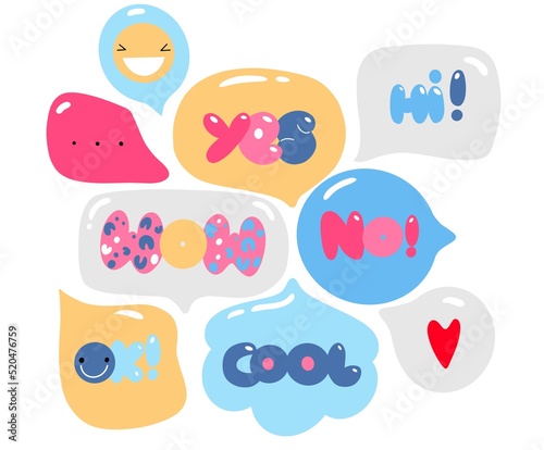 Romantic feminine speech bubbles with rounded text. Different colourful web app design elements and shapes. Modern digital flat illustration. Abstract contemporary trendy drawing.