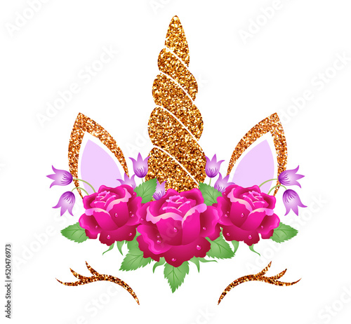 Fabulous cute unicorn with golden horn and beautiful roses, bluebells flowers wreath isolated on white background