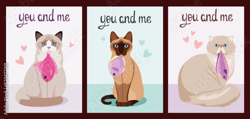 A set of funny postcards with cats and fish. Cartoon design.
