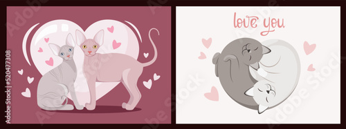 A set of postcards with cats and hearts. Love you. Cartoon design.
