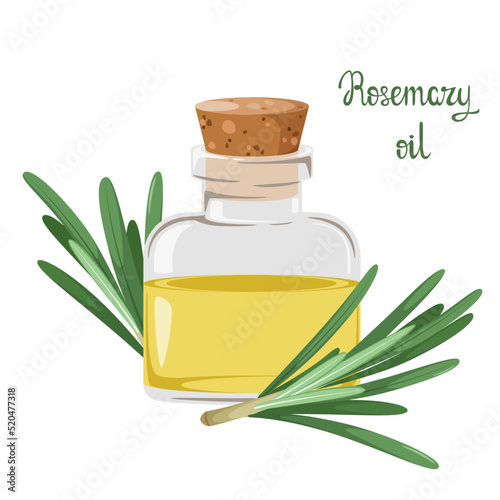 Glass bottle with rosemary oil on a white background.
