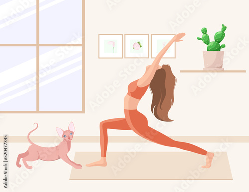 A woman does yoga at home. A healthy lifestyle. Cartoon zine.
