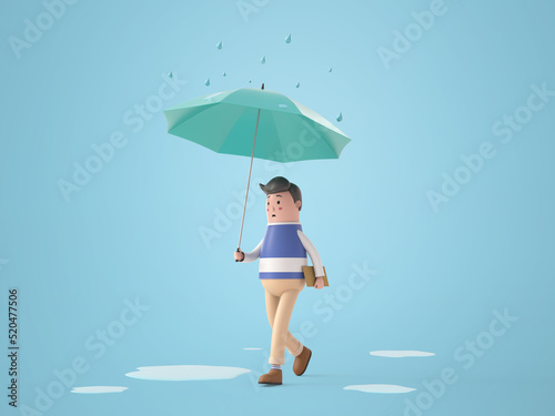 3D illustration man under umbrella walking in the rain rendering
