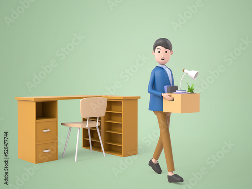 3D illustration young man with box leave his office .