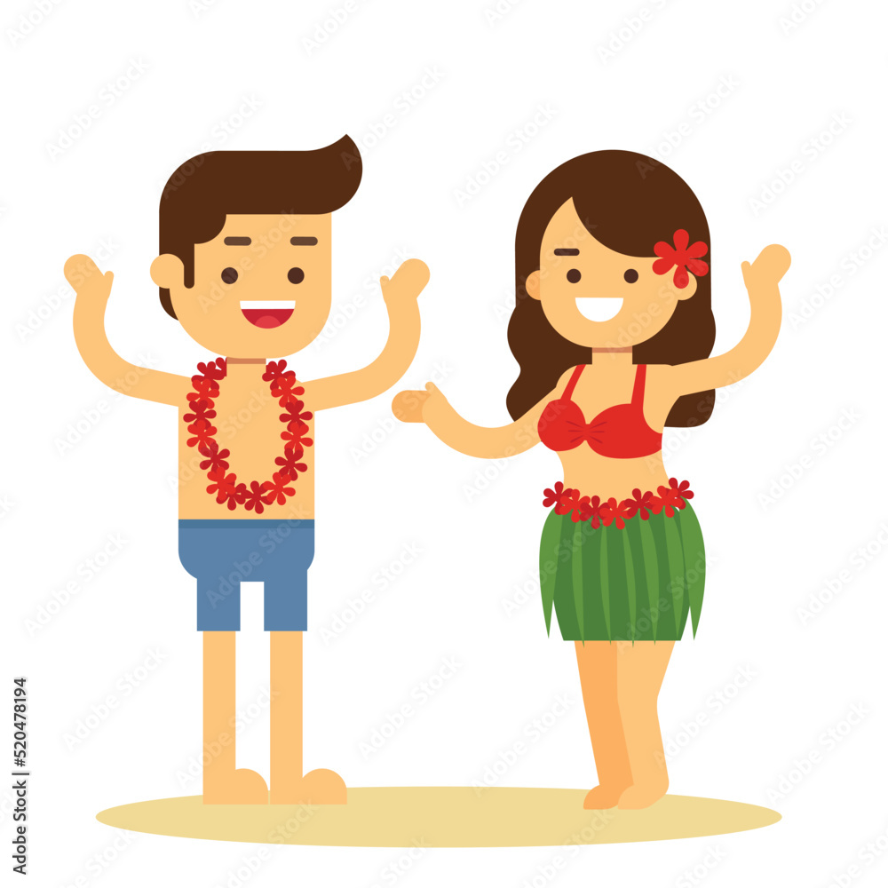 Hawaiian girl in grass skirt dancing and Man