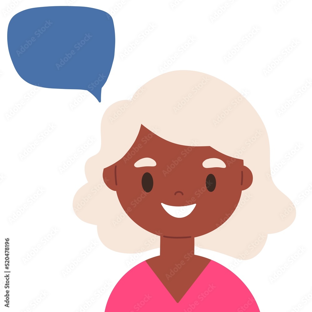 Flat illustration of a woman in colorful clothes. icon for WEB with speech bubble Flat illustration of a woman in colorful clothes. icon for WEB with speech bubble