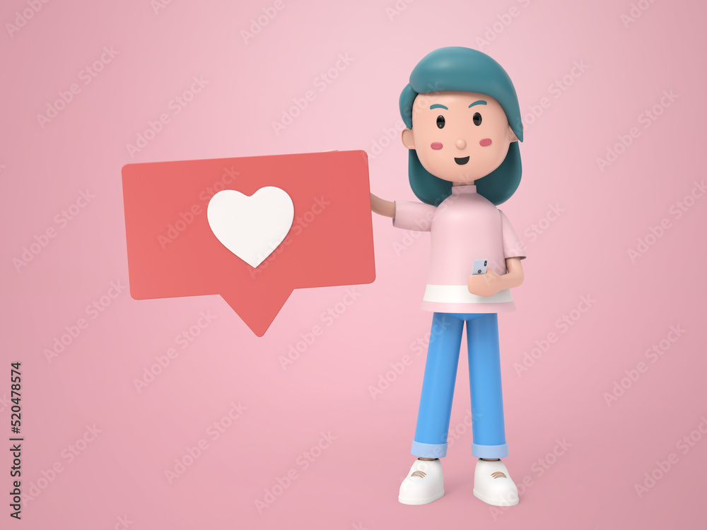 3d character woman love letter icon with smartphone rendering 3d character woman love letter icon with smartphone rendering