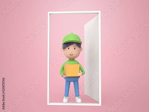 3D character young delivery man holding parcel at home door