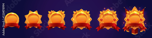 Golden game avatar frames, award badges, level ui icons. Empty gold banners with red ribbons. Isolated bonus graphic elements, reward, trophy achievement and prize Cartoon vector illustration, set
