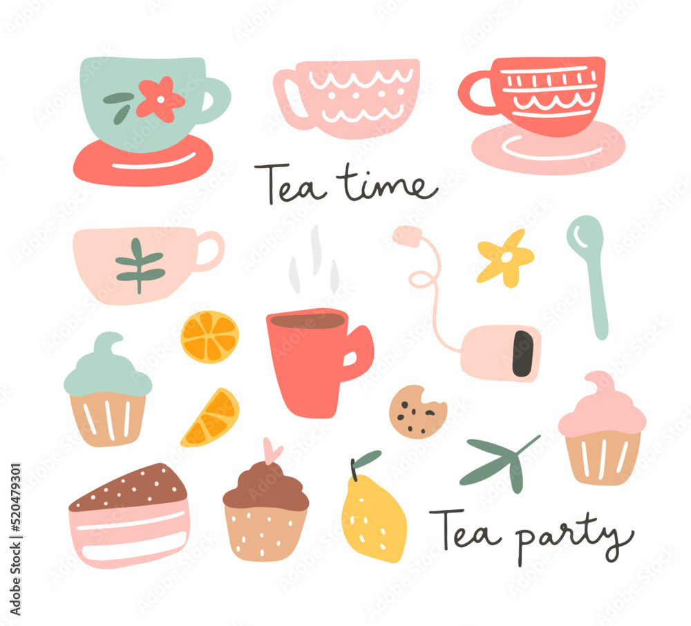 A set with tea cups, cupcakes isolated on a white background. Hand drawn flat vector illustration. Tea time lettering typography. Collection of graphic elements for your design. A set with tea cups, cupcakes isolated on a white background. Hand drawn flat vector illustration. Tea time lettering typography. Collection of graphic elements for your design.