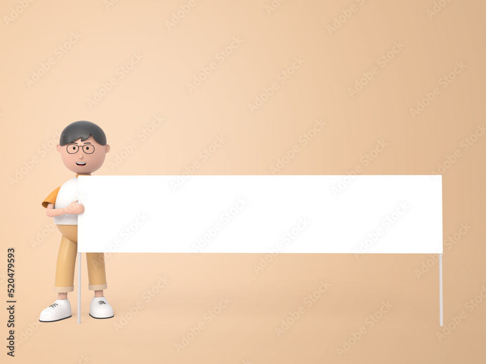 Happy boy glasses holding a paper blank for banner Happy boy glasses holding a paper blank for banner