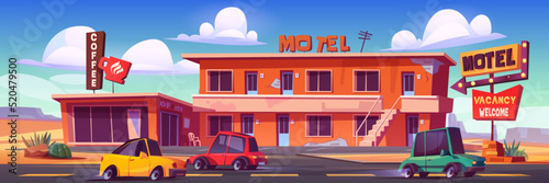 Old motel with cafe and parking in desert. Vector cartoon illustration of desert landscape with small hotel building with staircase, diner, billboard and road with cars