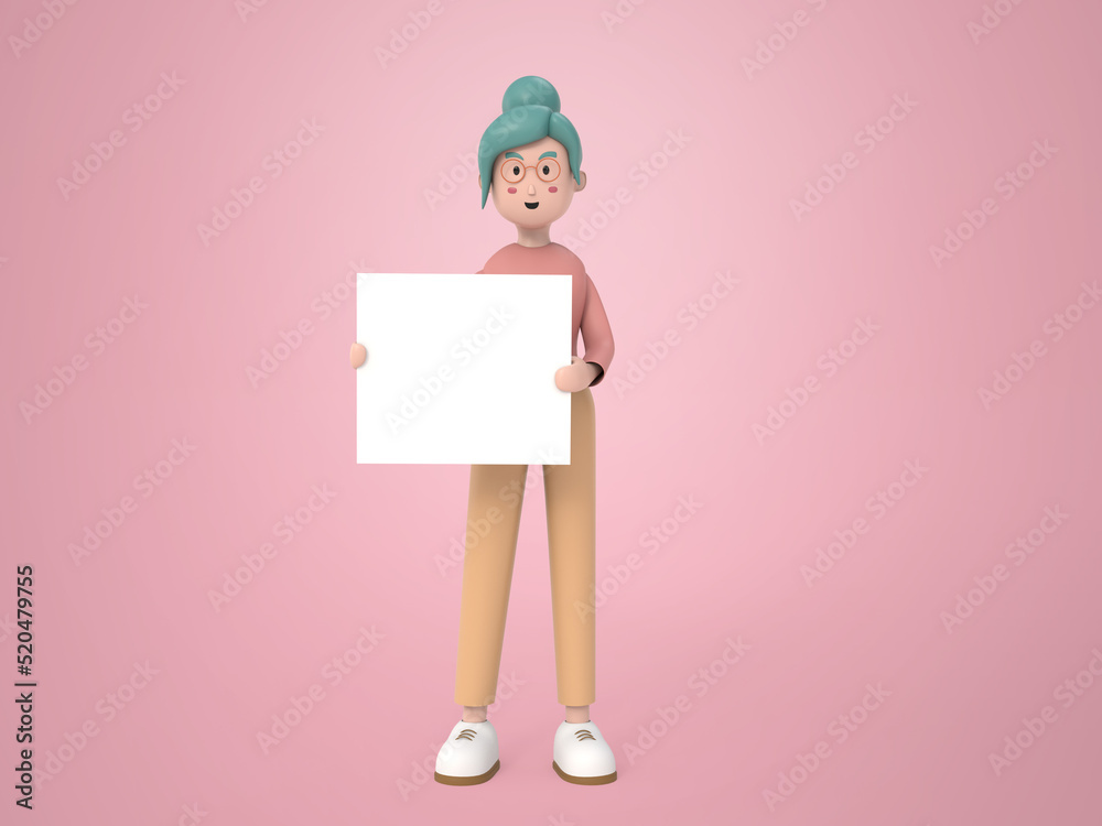 Happy businesswoman glasses holding a paper blank for banner Happy businesswoman glasses holding a paper blank for banner