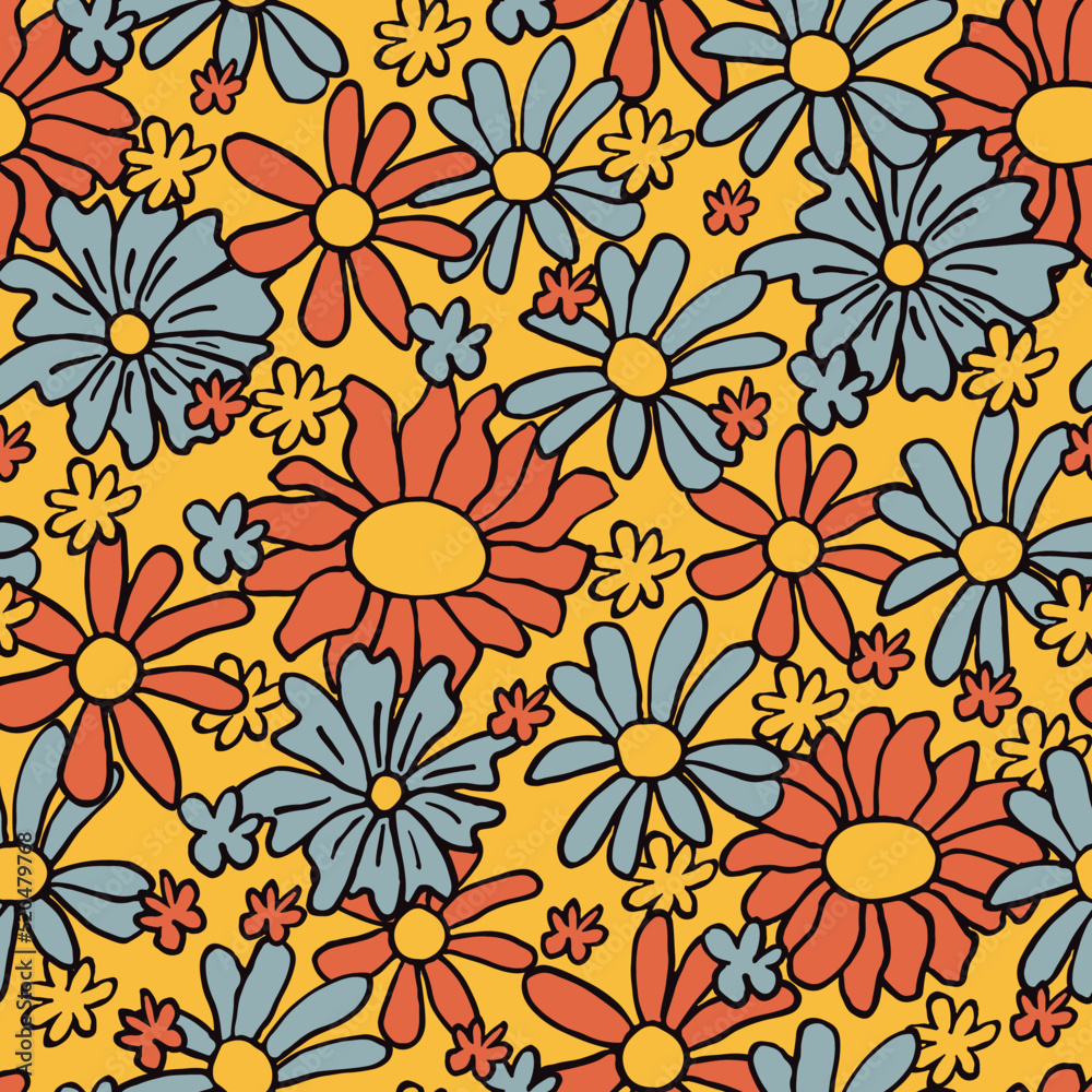 Retro 70s hippie vibrant summer seamless pattern. Floral print. Retro 70s hippie vibrant summer seamless pattern. Floral print.