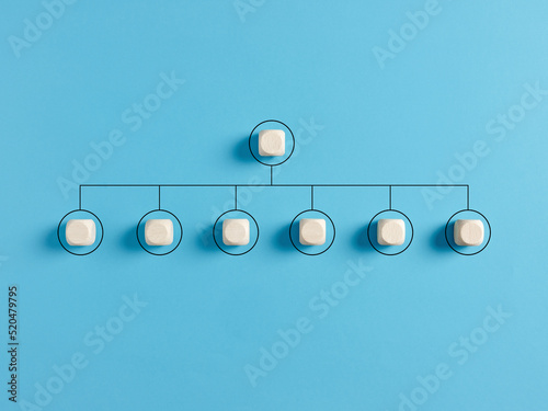 Blank company hierarchical organizational chart of wooden cubes on blue background. photo