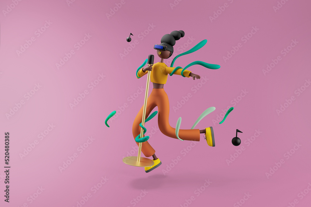 Woman using virtual reality glasses and singing a song Woman using virtual reality glasses and singing a song