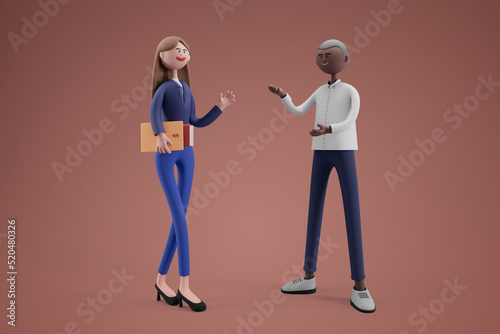 Female office worker holding documents and talking with colleagues