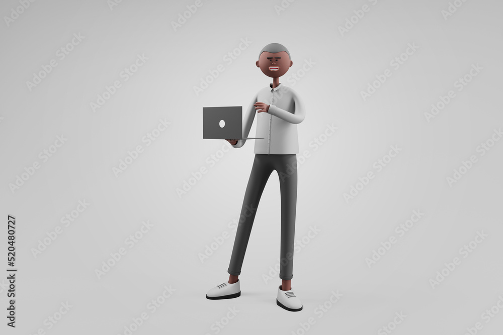 Businessman working on laptop while standing on isolated background Businessman working on laptop while standing on isolated background