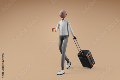 Traveler man dragging luggage and holding hot coffee while walking on isolated background photo