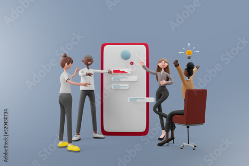 Business people discussing documents and ideas at meeting with smartphone on isolated background