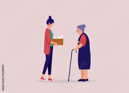 Young Woman Found A Lost Cat And Returning To The Senior Pet Owner. Full Length. Flat Design Style, Character, Cartoon.