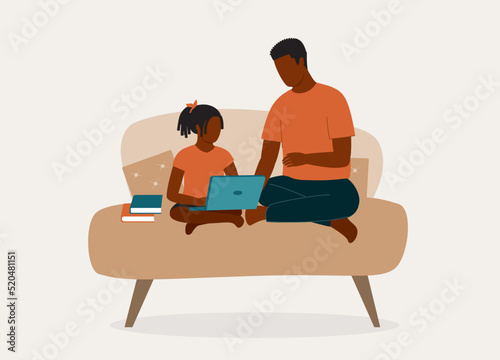 Black Father Helping His Daughter With Her Homework Using Laptop. Full Length. Flat Design Style, Character, Cartoon.