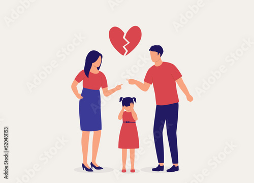 Upset Parents Quarrelling With Finger Pointing At Each Other While Their Desperate Daughter Covering Her Ears With Both Hands. Full Length. Flat Design Style, Character, Cartoon.