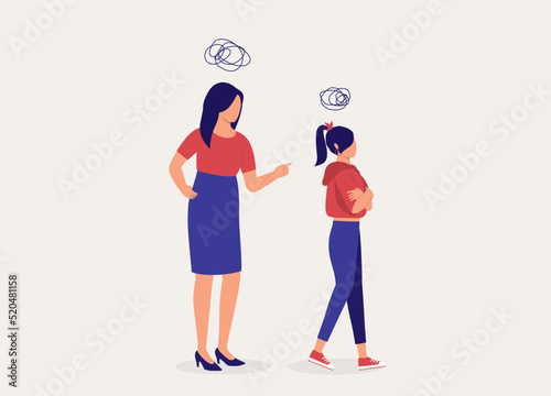 Angry Mother Nagging Her Teenage Daughter. Rebellious Teenage Girl With Arms Crossed Walking Away And Feeling Annoyed. Full Length. Flat Design Style, Character, Cartoon.