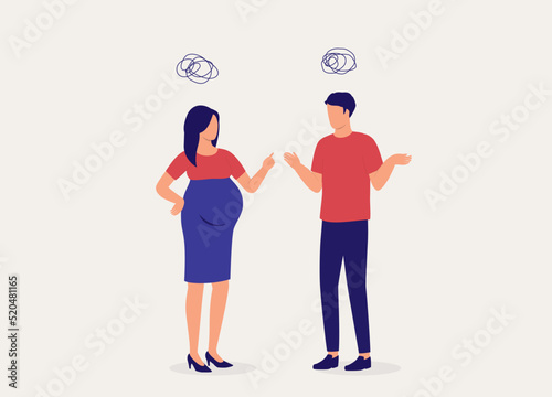 Angry Pregnant Wife Arguing With Her Husband With Finger Pointing At Him While Frustrated Husband Feeling Innocent With Shrugging Shoulders. Full Length. Flat Design Style, Character, Cartoon.