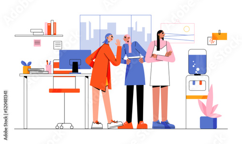 Office women gossip, whisper and commenting colleague behind of her back. Evil people talk at workplace near cooler, telling rumors, slandering, backbiting, tattling Line art flat vector Illustration