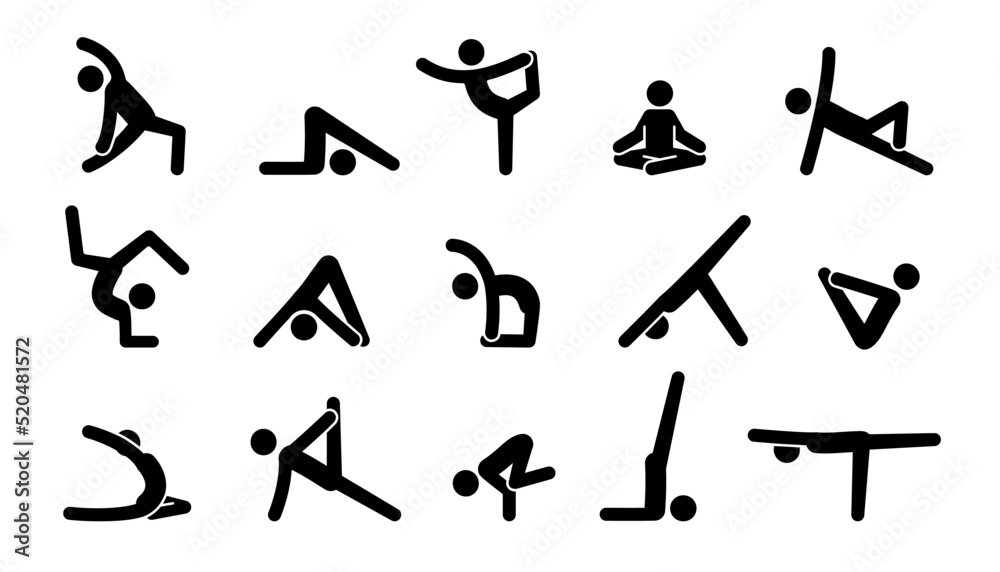 Yoga pictogram icon people. Yoga pose, meditate practice, sport exercise pictogram man set. Health, meditate symbol. Vector illustration. Yoga pictogram icon people. Yoga pose, meditate practice, sport exercise pictogram man set. Health, meditate symbol. Vector illustration.